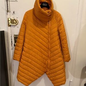 Vibrant Orange Chevron Puffer Coat with Asymmetrical Design